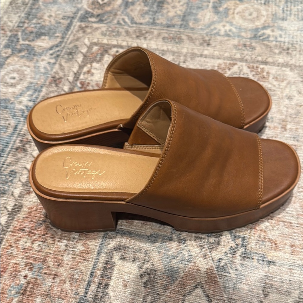 Crown Vintage Brown Leather Mules with Chunky Heel